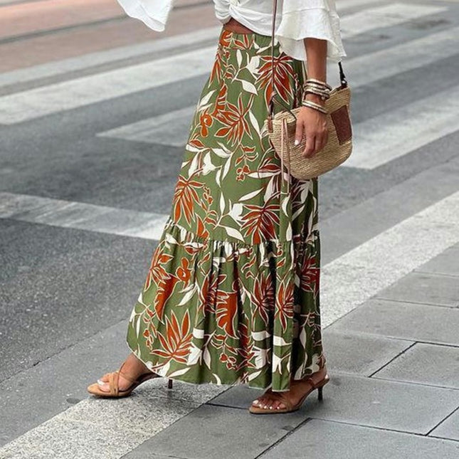 Women's Boho Floral Print Long Skirts High Waist Ruffle A Line Maxi Skirt