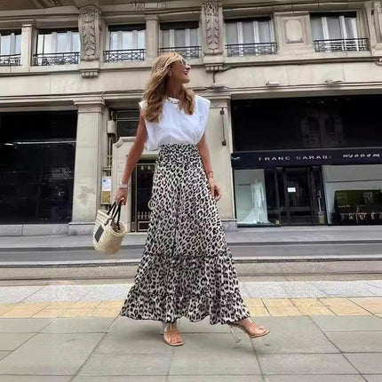 Women's Leopard Print Long Skirts Flowy High Waist A Line Tiered Maxi Skirts