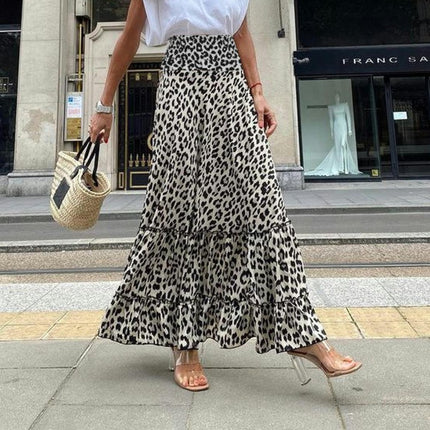Women's Leopard Print Long Skirts Flowy High Waist A Line Tiered Maxi Skirts