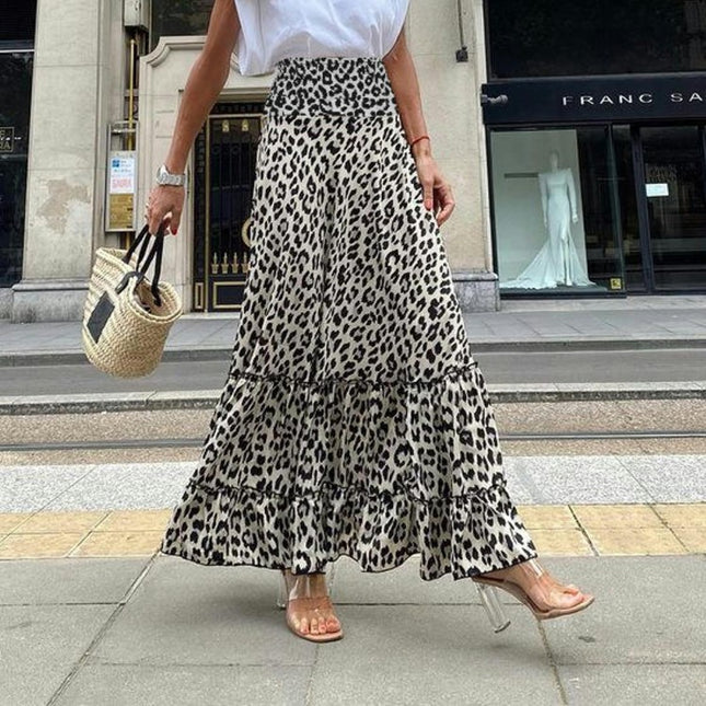 Women's Leopard Print Long Skirts Flowy High Waist A Line Tiered Maxi Skirts
