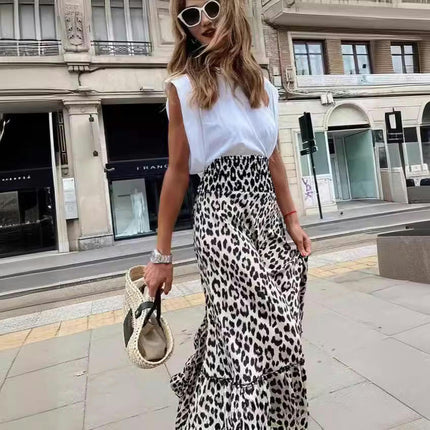 Women's Leopard Print Long Skirts Flowy High Waist A Line Tiered Maxi Skirts