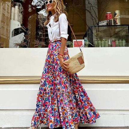 Women's Maxi Skirts Boho High Waist A Line Tiered Ruffle Floral Long Skirt