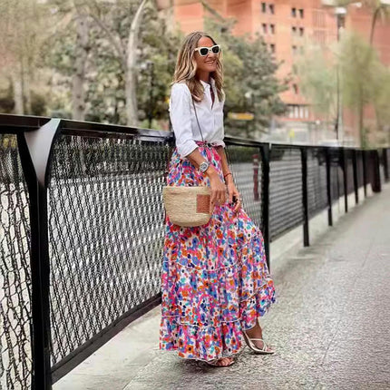 Women's Maxi Skirts Boho High Waist A Line Tiered Ruffle Floral Long Skirt