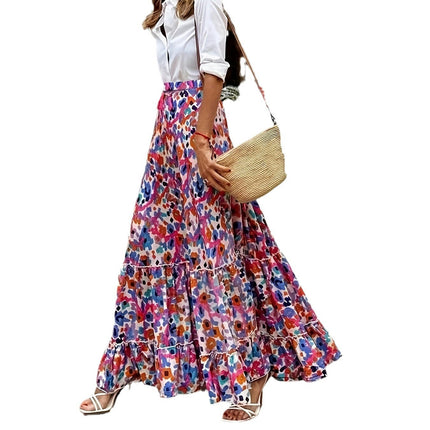 Women's Maxi Skirts Boho High Waist A Line Tiered Ruffle Floral Long Skirt