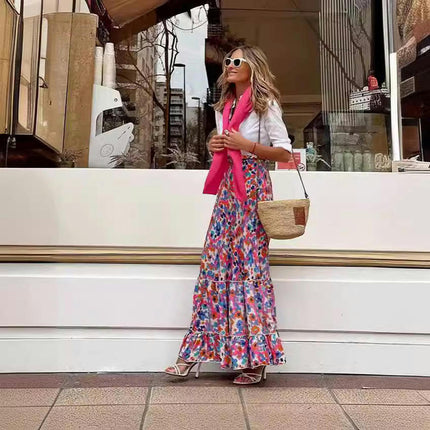 Women's Maxi Skirts Boho High Waist A Line Tiered Ruffle Floral Long Skirt