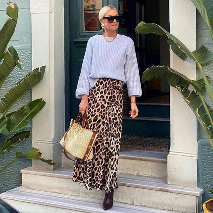Women's High Waisted Maxi Skirt Casual Leopard Print A Line Long Skirts