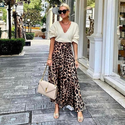 Women's High Waisted Maxi Skirt Casual Leopard Print A Line Long Skirts