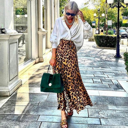 Women's High Waisted Maxi Skirt Casual Leopard Print A Line Long Skirts