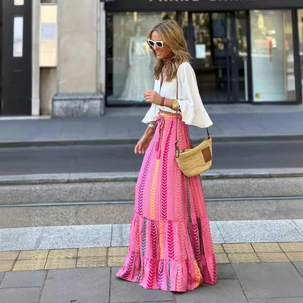 Womens Boho Print Maxi Skirt High Waist Tiered Ruffle Flowy Long Skirts