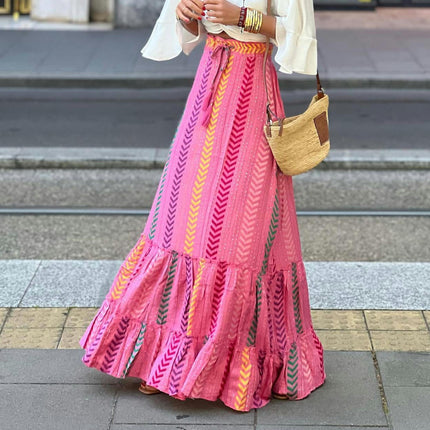 Womens Boho Print Maxi Skirt High Waist Tiered Ruffle Flowy Long Skirts