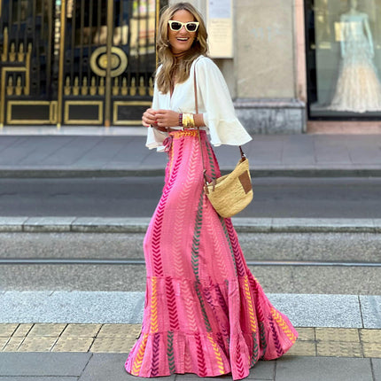 Womens Boho Print Maxi Skirt High Waist Tiered Ruffle Flowy Long Skirts