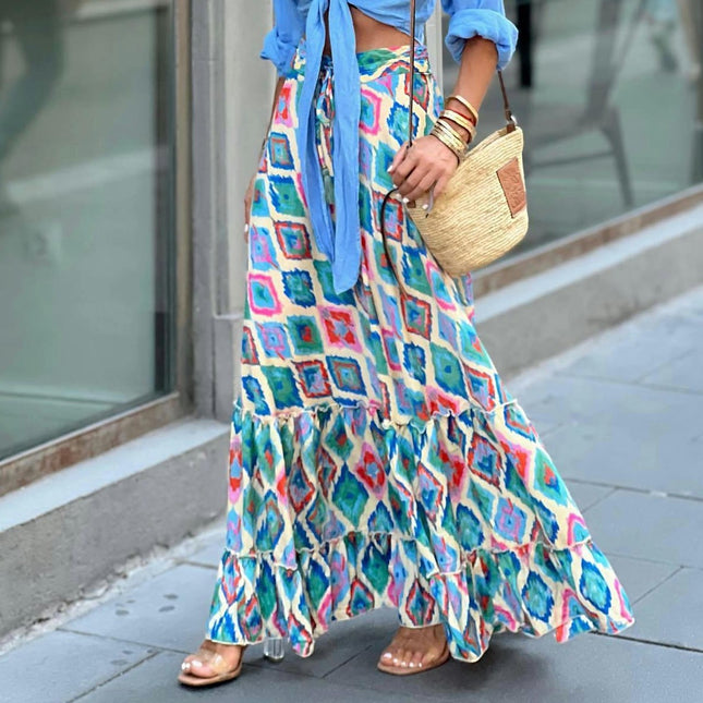 Womens Flowy Maxi Skirt Print High Waist A Line Tiered Boho Beach Holiday Long Skirts
