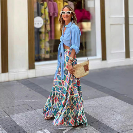 Womens Flowy Maxi Skirt Print High Waist A Line Tiered Boho Beach Holiday Long Skirts