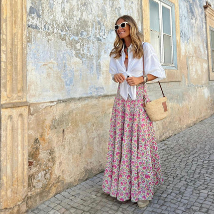Women's Summer Boho Flower Elastic High Waist Flowy A Line Maxi Skirt