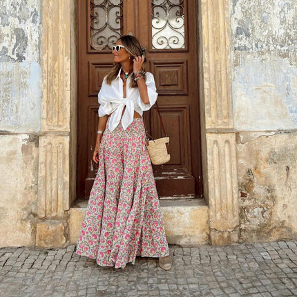 Women's Summer Boho Flower Elastic High Waist Flowy A Line Maxi Skirt