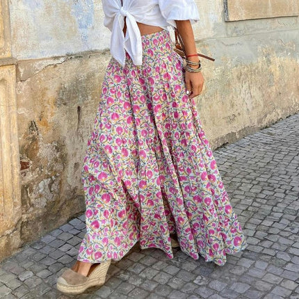 Women's Summer Boho Flower Elastic High Waist Flowy A Line Maxi Skirt