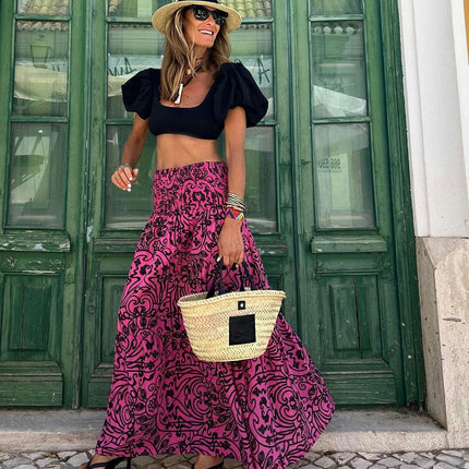 Women's Summer Boho Flower Elastic High Waist Flowy A Line Maxi Skirt