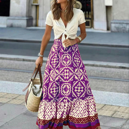 Womens Floral Print Boho Maxi Skirt High Waist Ruffle Flowy Long Skirts