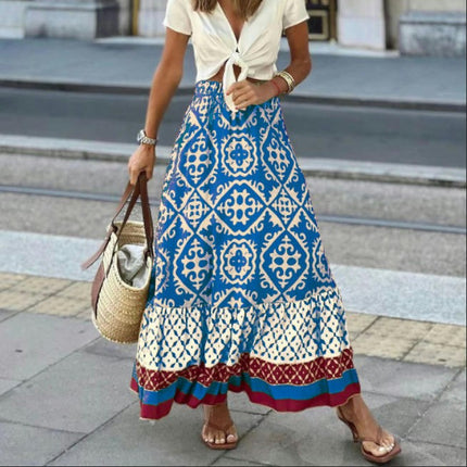 Womens Floral Print Boho Maxi Skirt High Waist Ruffle Flowy Long Skirts