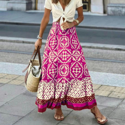 Womens Floral Print Boho Maxi Skirt High Waist Ruffle Flowy Long Skirts