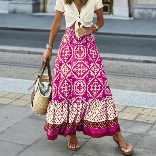 Womens Floral Print Boho Maxi Skirt High Waist Ruffle Flowy Long Skirts