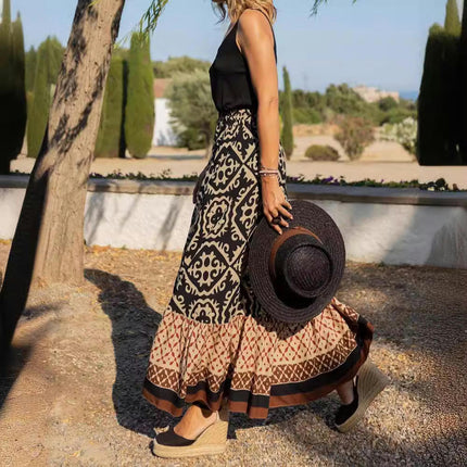 Womens Floral Print Boho Maxi Skirt High Waist Ruffle Flowy Long Skirts