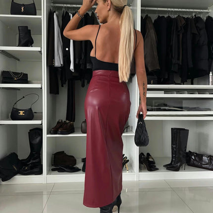 Womens Faux Leather Maxi Skirt High Waisted Bodycon Slit Pencil Long Skirt
