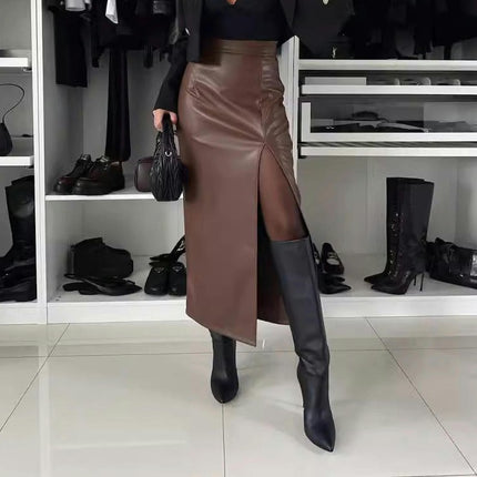 Womens Faux Leather Maxi Skirt High Waisted Bodycon Slit Pencil Long Skirt