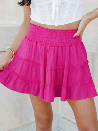 Women's Elastic Waist Pleated Tiered Ruffle Flowy A Line Short Skirt
