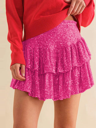 Women Sequin Skirt Sparkly High Waist Ruffle Flowy Shiny Mini Short Skirts