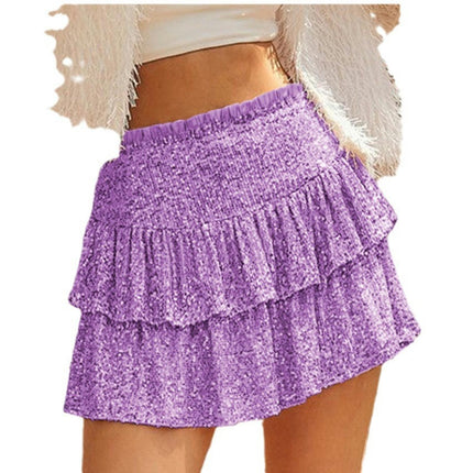 Women Sequin Skirt Sparkly High Waist Ruffle Flowy Shiny Mini Short Skirts