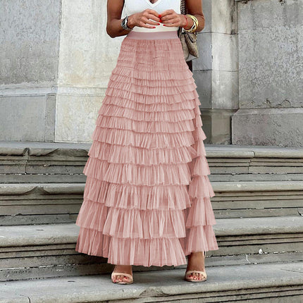 Long Tulle Skirt for Women High Waisted A Line Fluffy Fairy Mesh Layered Ruffle Skirt