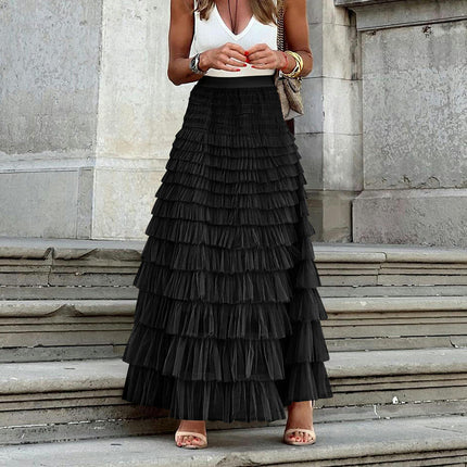 Long Tulle Skirt for Women High Waisted A Line Fluffy Fairy Mesh Layered Ruffle Skirt