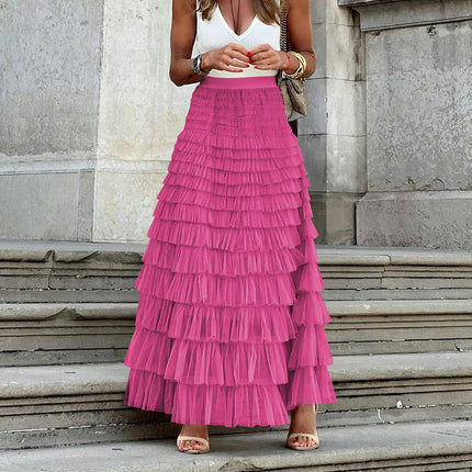 Long Tulle Skirt for Women High Waisted A Line Fluffy Fairy Mesh Layered Ruffle Skirt
