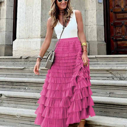 Long Tulle Skirt for Women High Waisted A Line Fluffy Fairy Mesh Layered Ruffle Skirt