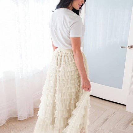 Long Tulle Skirt for Women High Waisted A Line Fluffy Fairy Mesh Layered Ruffle Skirt