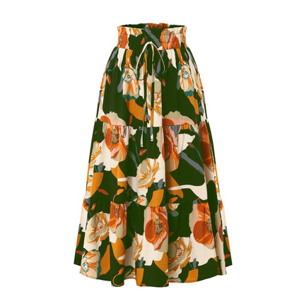 Women's High Elastic Waist Midi Skirt Summer Flowy Ruffle Floral Print A line Skirts