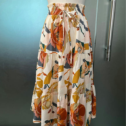 Women's High Elastic Waist Midi Skirt Summer Flowy Ruffle Floral Print A line Skirts