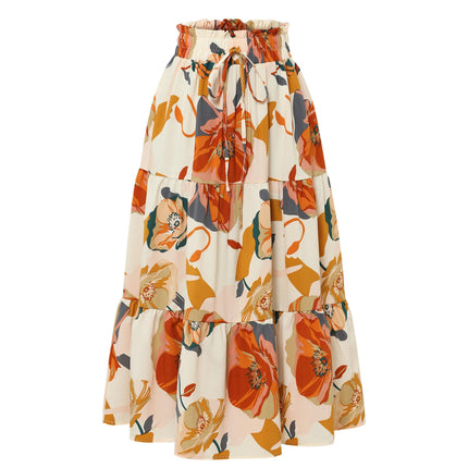 Women's High Elastic Waist Midi Skirt Summer Flowy Ruffle Floral Print A line Skirts