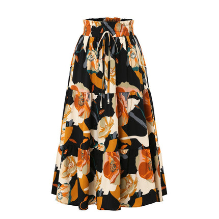 Women's High Elastic Waist Midi Skirt Summer Flowy Ruffle Floral Print A line Skirts