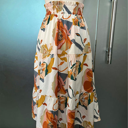 Women's High Elastic Waist Midi Skirt Summer Flowy Ruffle Floral Print A line Skirts