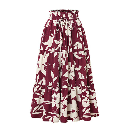 Women Elastic High Waist A Line Floral Print Swing Beach Midi Skirt