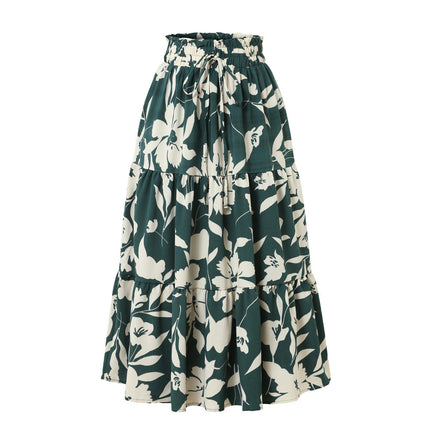 Women Elastic High Waist A Line Floral Print Swing Beach Midi Skirt