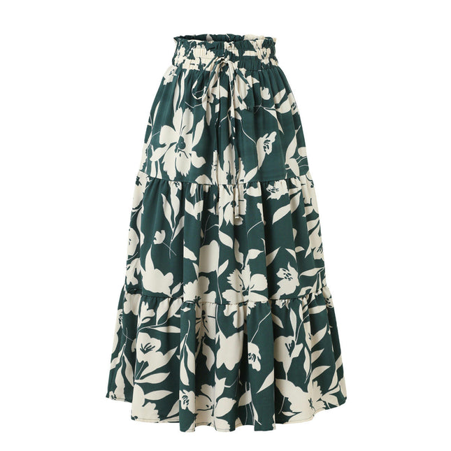 Women Elastic High Waist A Line Floral Print Swing Beach Midi Skirt