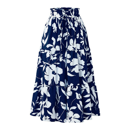 Women Elastic High Waist A Line Floral Print Swing Beach Midi Skirt