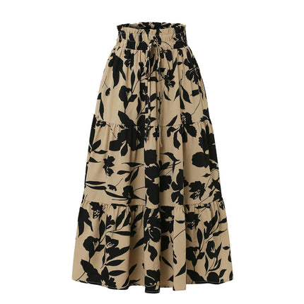 Women Elastic High Waist A Line Floral Print Swing Beach Midi Skirt