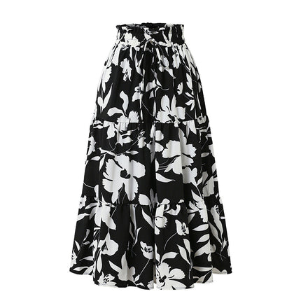 Women Elastic High Waist A Line Floral Print Swing Beach Midi Skirt