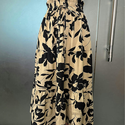 Women Elastic High Waist A Line Floral Print Swing Beach Midi Skirt