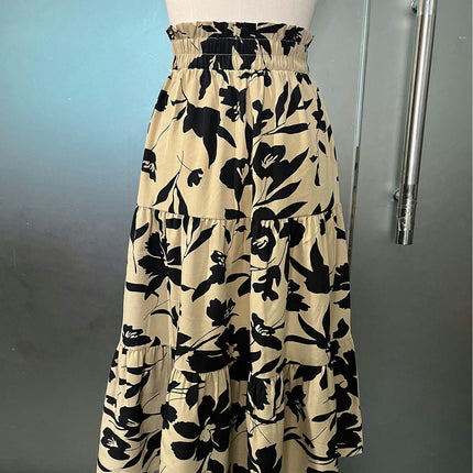Women Elastic High Waist A Line Floral Print Swing Beach Midi Skirt
