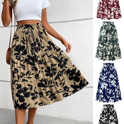 Women Elastic High Waist A Line Floral Print Swing Beach Midi Skirt